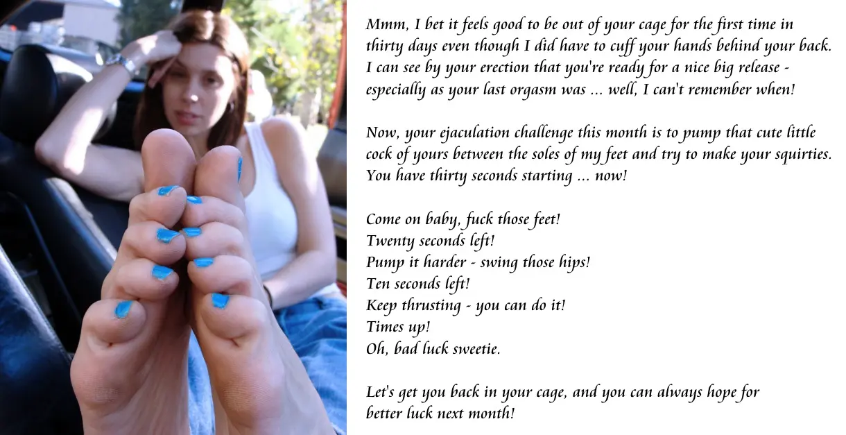 Femdom foot fetish and male chastity captions featuring brunette and redhead women in various outfits
