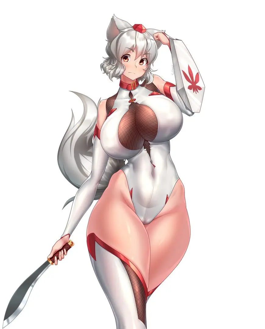 Taimanin Suit Momiji, a busty fox-girl in a tight white and red bodysuit holding a sword