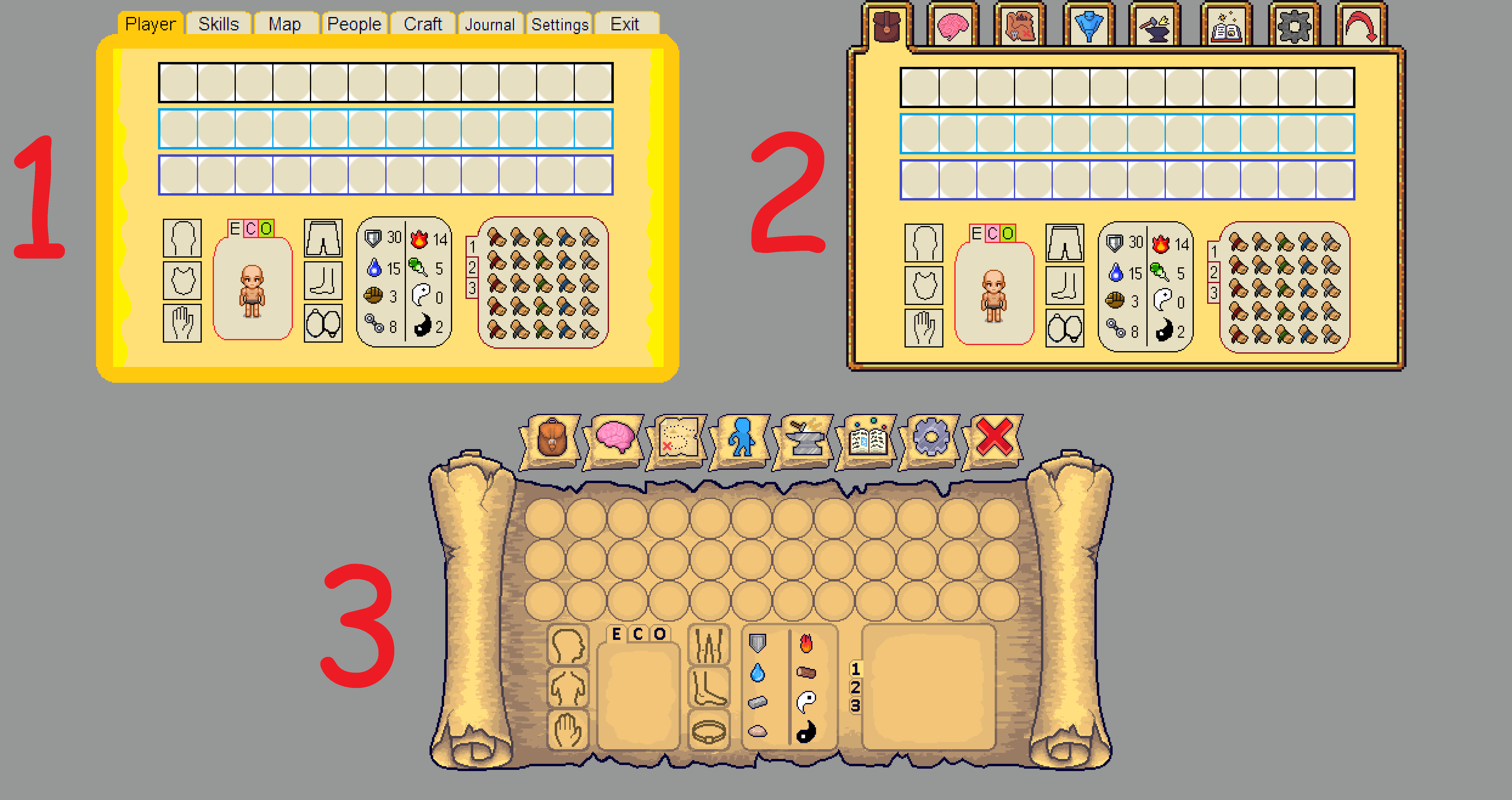 Inventory GUI development. 1st and 2nd sketch made on Paint until the ...