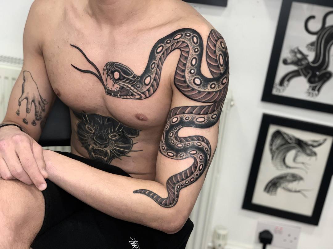 Japanese black and grey snake sleeve done by Gabriele Cardosi at Red ...
