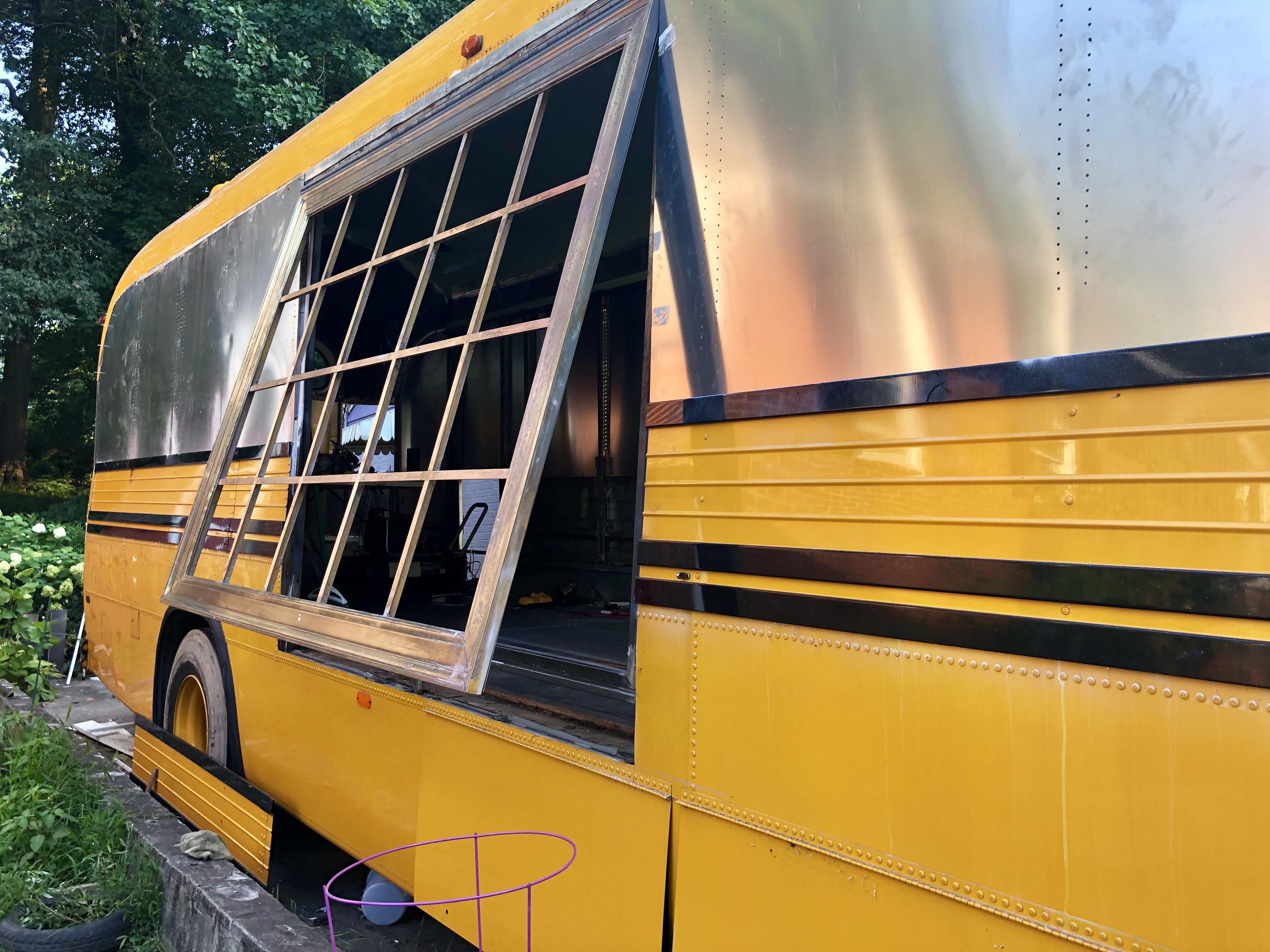 Just installed an 8’x6’ brass window in our bus. It opens into a roof ...
