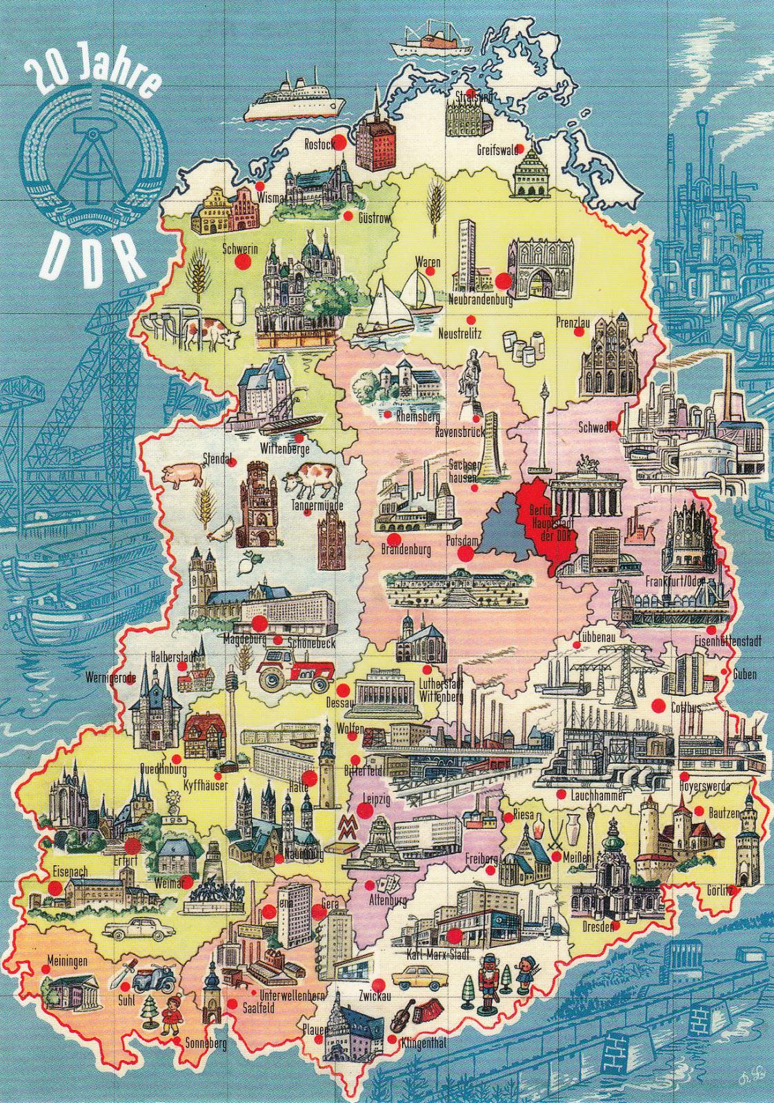 Karte der DDR mit Sehenswürdigkeiten und Industrie (Postkartenmotiv ...