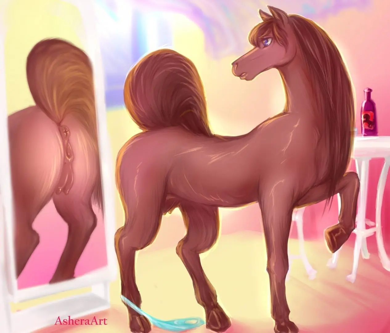AsheraArt digital art of a curvy brunette woman transforming into a feral horse