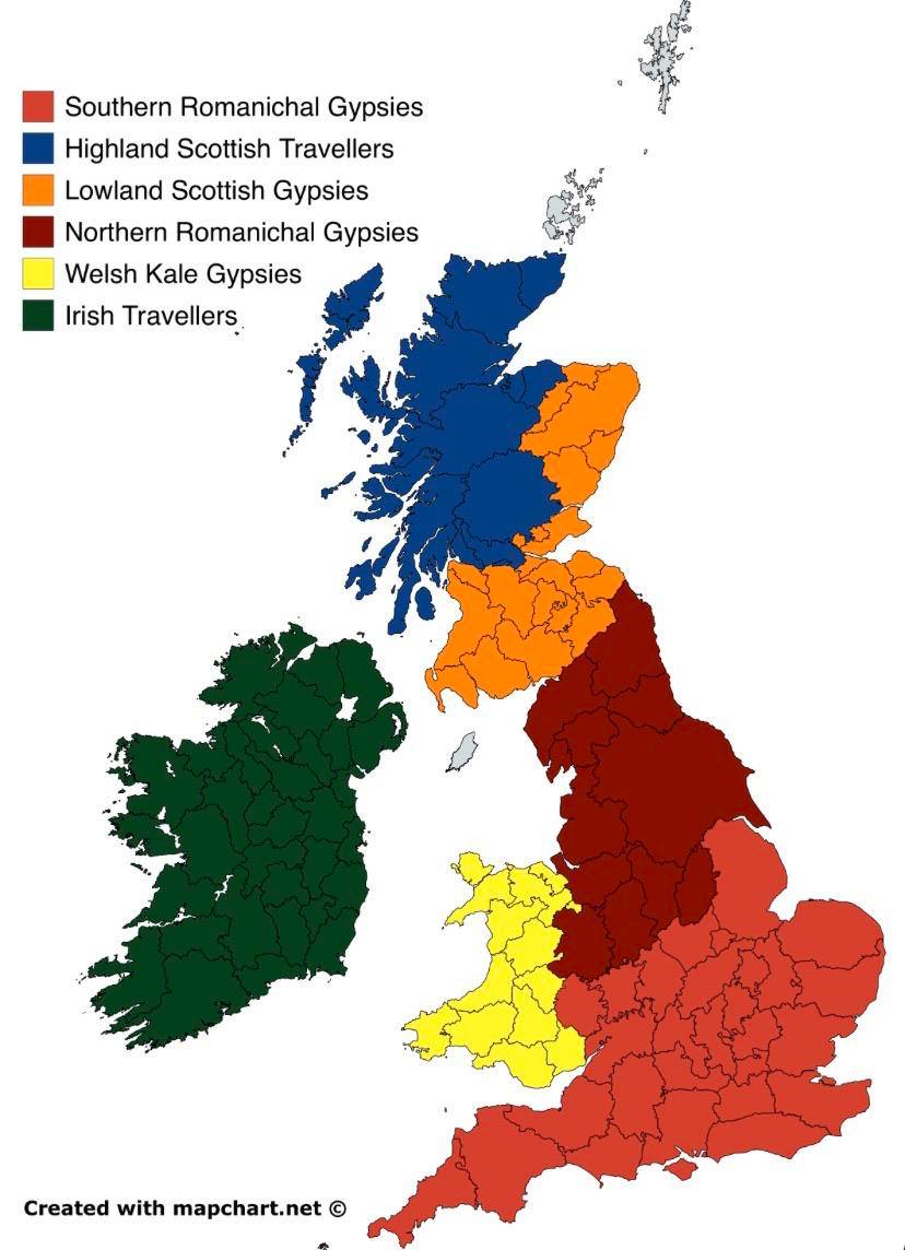 Map of Romany Gypsy and Gaelic Traveller groups in Britain and Ireland ...