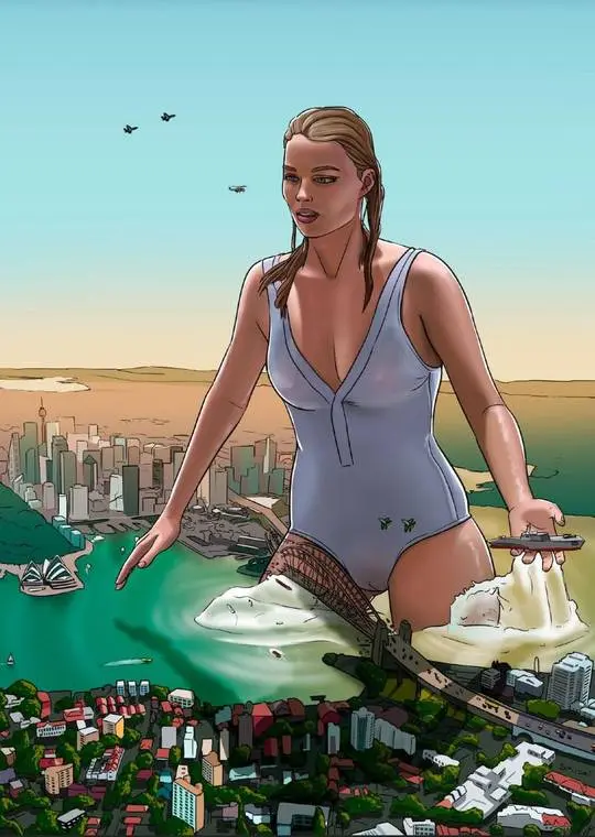 Margot, a busty blonde giantess in a white one-piece swimsuit and fishnets, holding a ship in Sydney Harbour