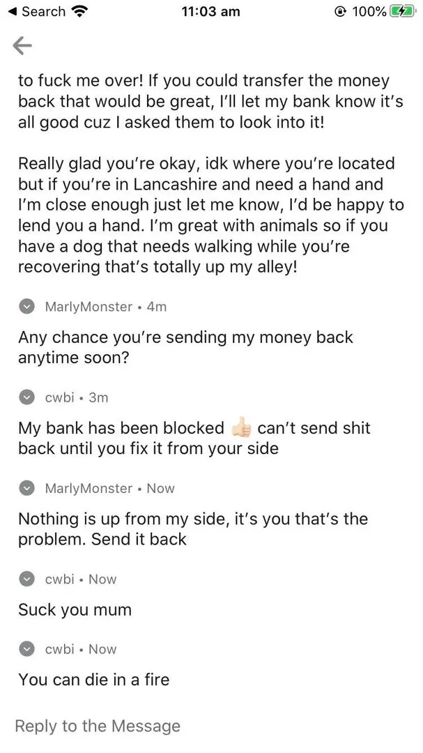 EntExchange text conversation between MarlyMonster and cwbi regarding a money dispute and insults.