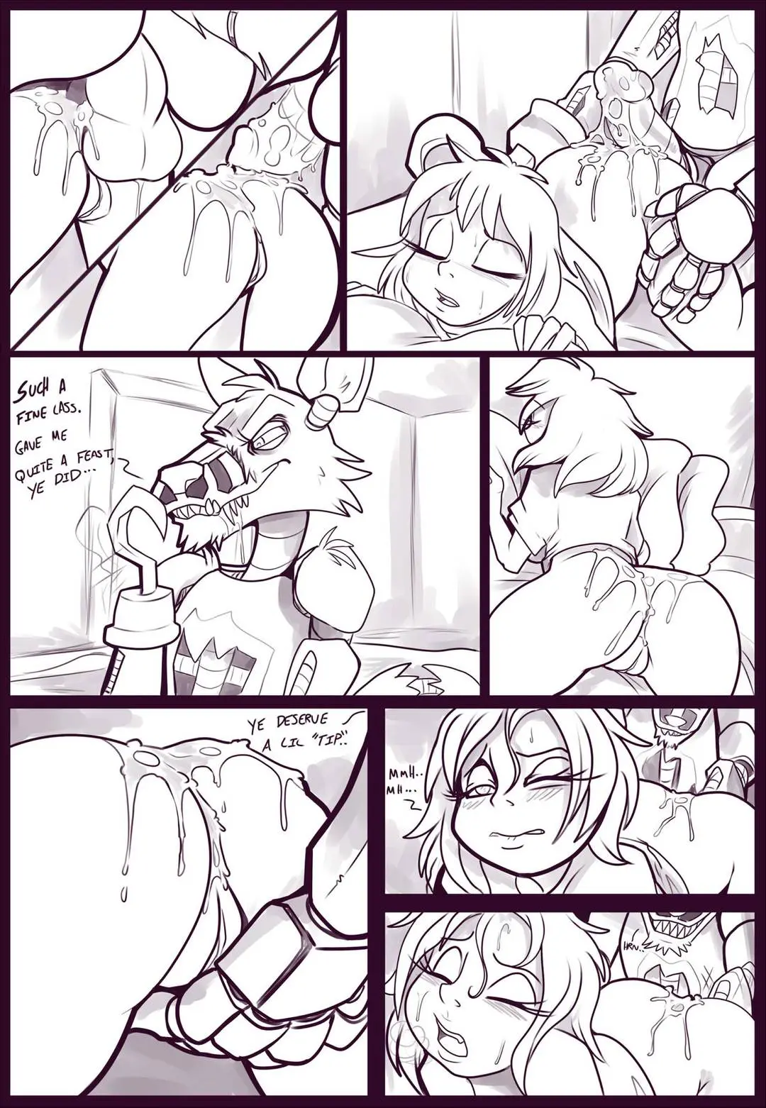 Kayla-na art of a muscular anthropomorphic wolf and a curvy blonde woman in lingerie in a bedroom
