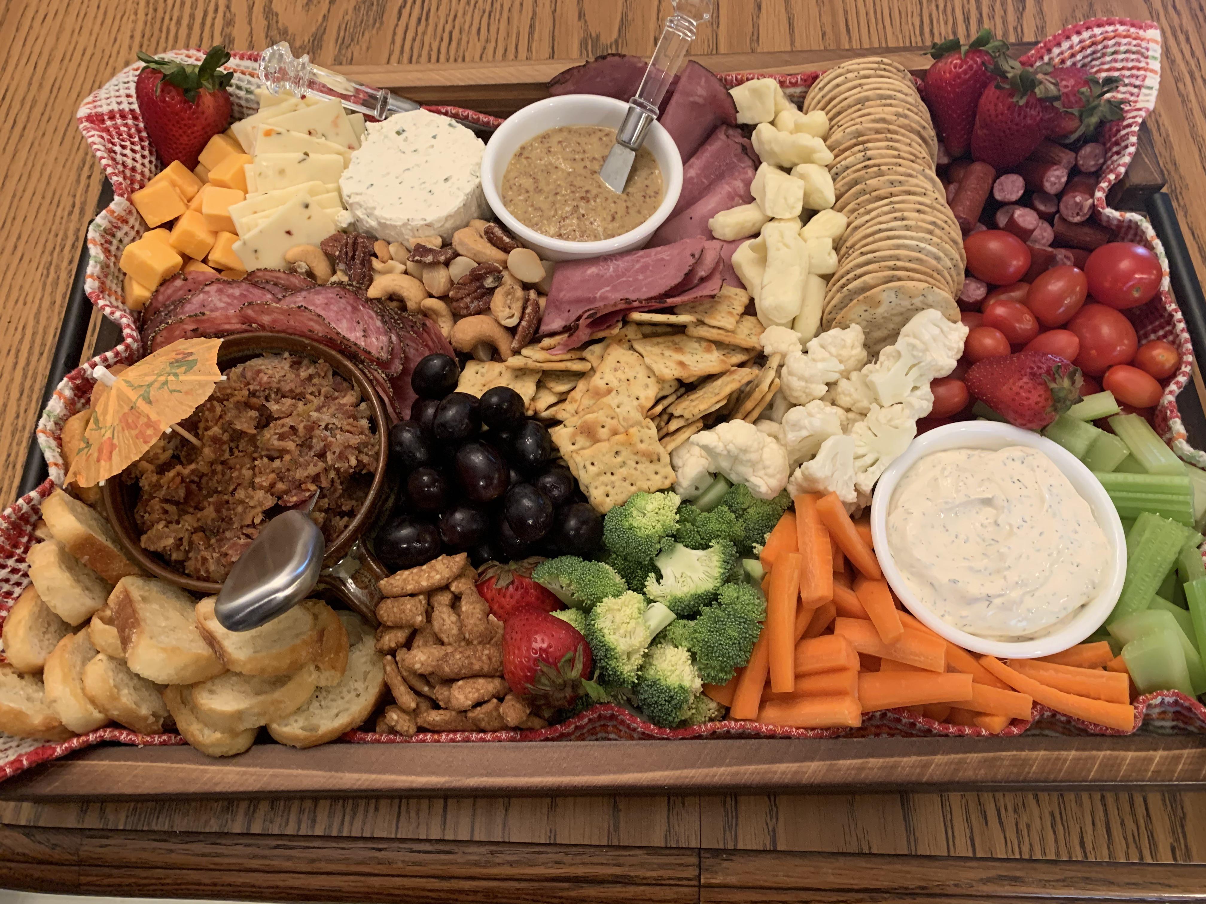 My first charcuterie board. Bacon onion jam, honey mustard, dill dip