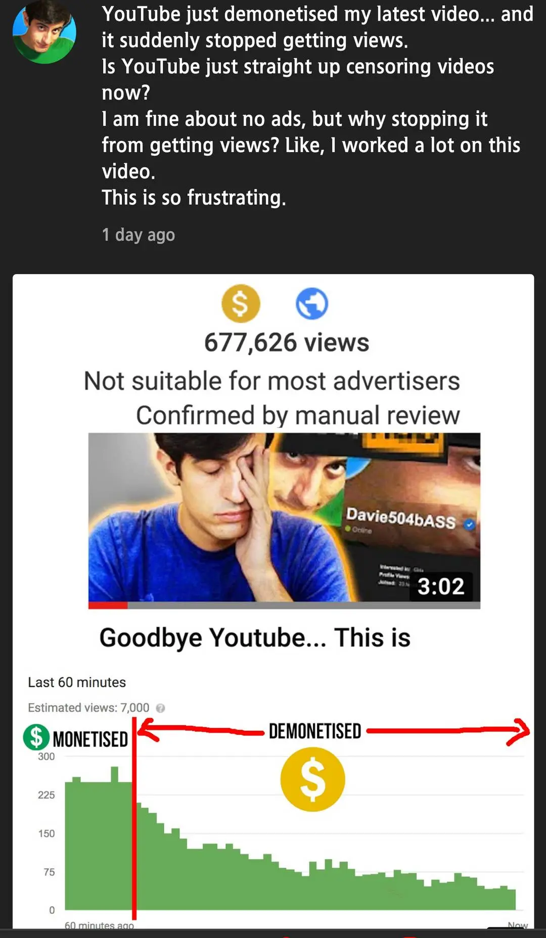 Davie504bASS social media post about YouTube demonetization and censorship with a performance graph