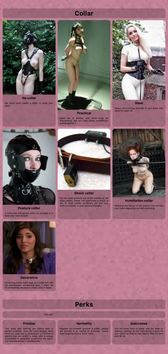 Ponygirl CYOA character sheet for Penguin, a slim blonde woman in lingerie, collars, and harnesses