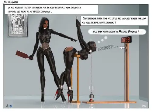 Predicament bondage with a curvy woman in a black latex catsuit and a dominant ebony mistress in a dungeon.