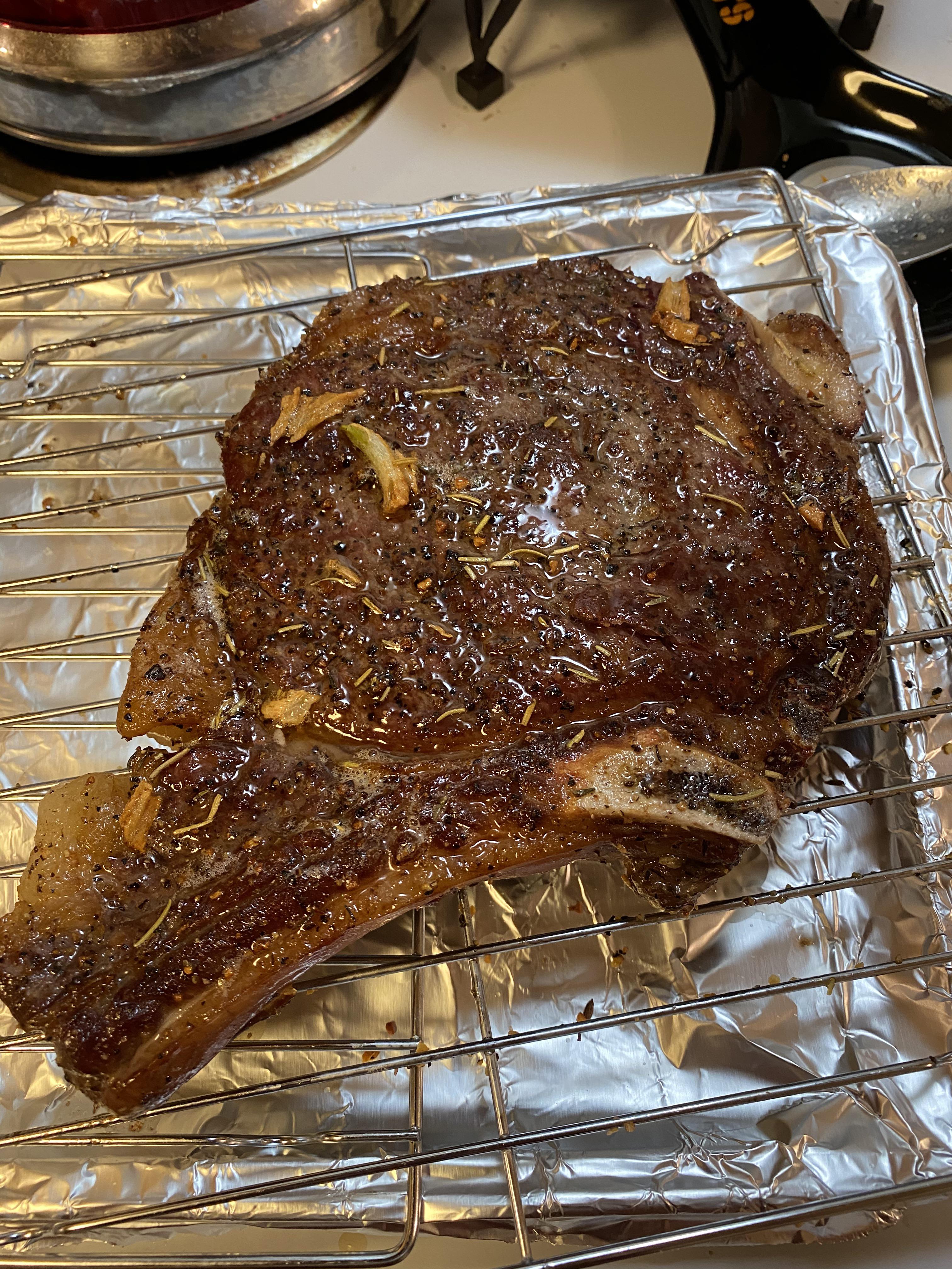 Reverse Sear Dry Brined Ribeye It Was Also Butter Basted With Rosemary Thyme And Garlic 