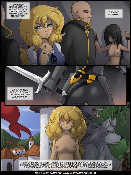 Naylor's The Rise of the Wolf Queen: blonde busty woman and anthropomorphic canine furry wolf men