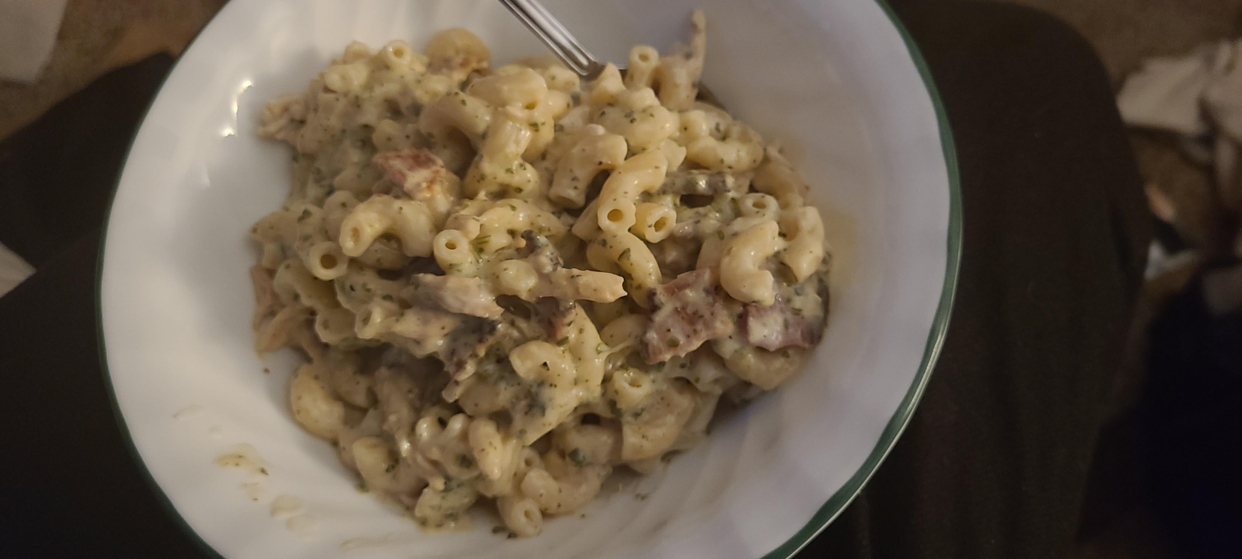 Rotisserie chicken and bacon with elbow macaroni in a Alfredo and pesto