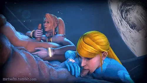 Samus Aran from Metroid in anime fan art, featuring her blonde ponytail, Zero Suit, and nude poses.
