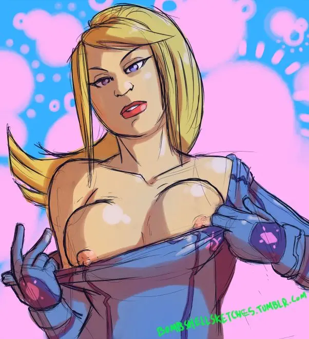 Samus Aran from Metroid in anime fan art, featuring her blonde ponytail, Zero Suit, and nude poses.