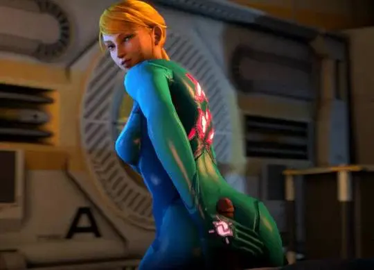 Samus Aran from Metroid in anime fan art, featuring her blonde ponytail, Zero Suit, and nude poses.
