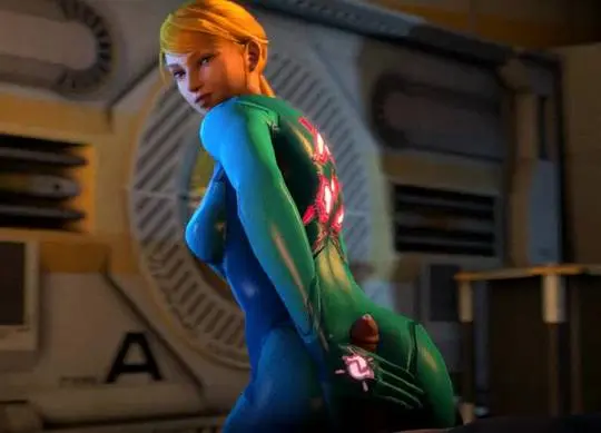 Samus Aran from Metroid in anime fan art, featuring her blonde ponytail, Zero Suit, and nude poses.