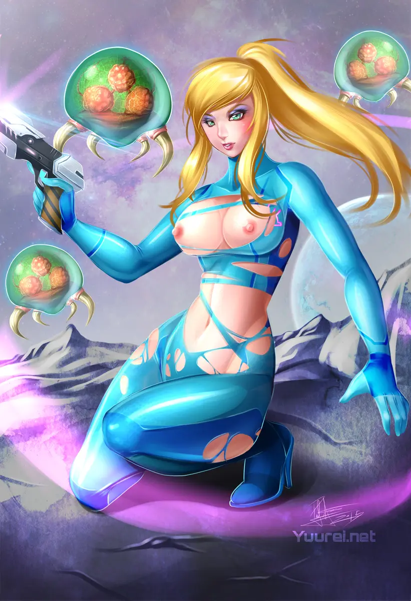 Samus Aran from Metroid in anime fan art, featuring her blonde ponytail, Zero Suit, and nude poses.