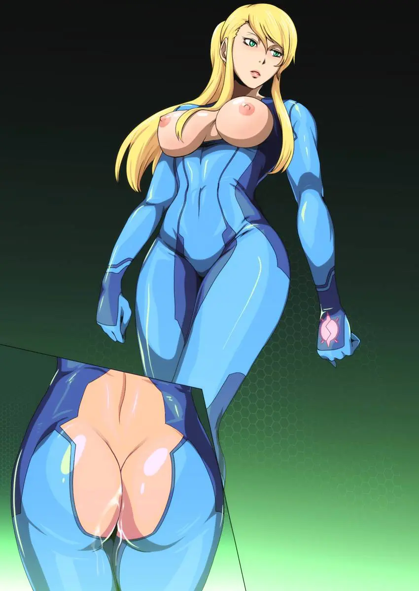 Samus Aran from Metroid in anime fan art, featuring her blonde ponytail, Zero Suit, and nude poses.