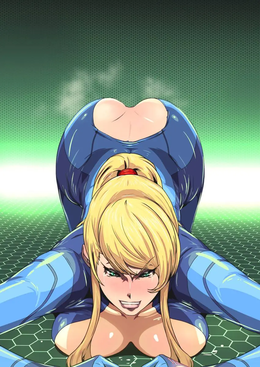 Samus Aran from Metroid in anime fan art, featuring her blonde ponytail, Zero Suit, and nude poses.