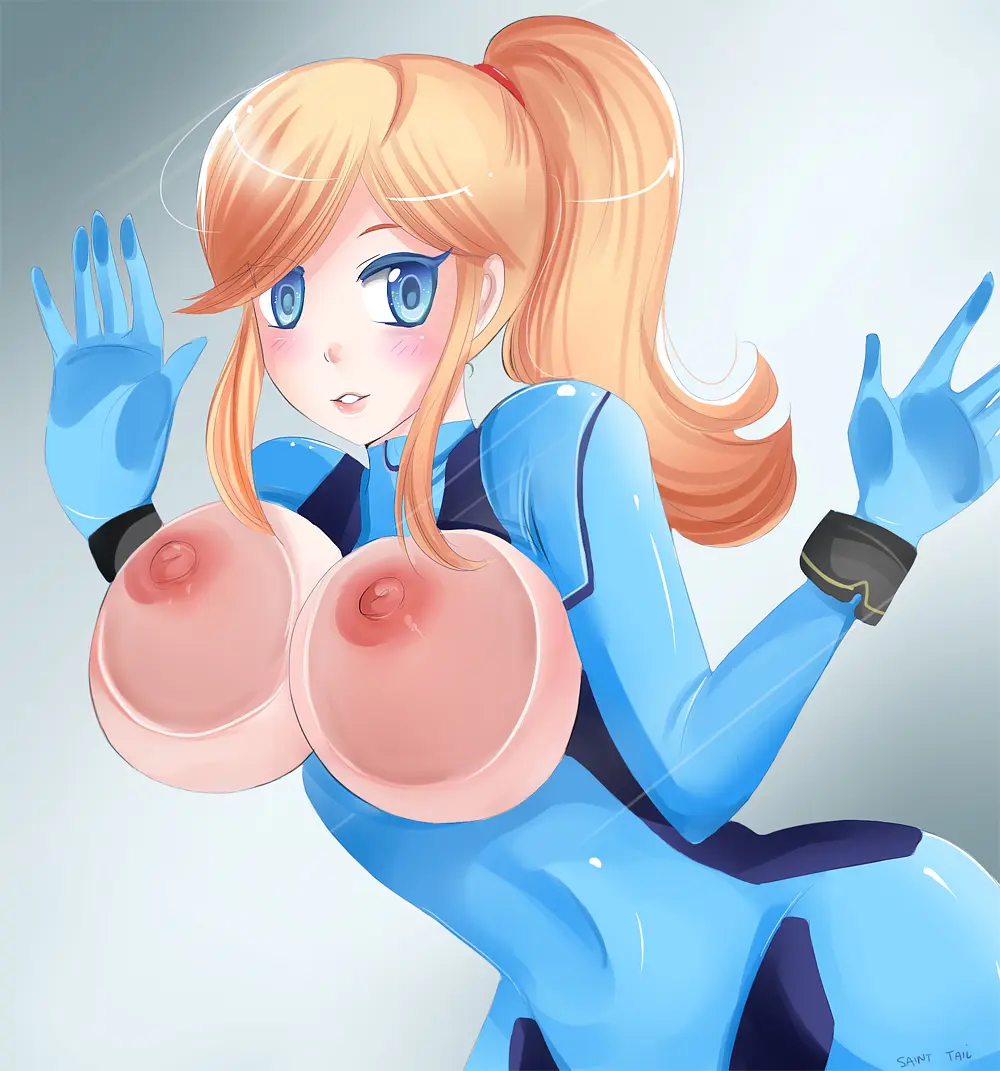 Samus Aran from Metroid in anime fan art, featuring her blonde ponytail, Zero Suit, and nude poses.