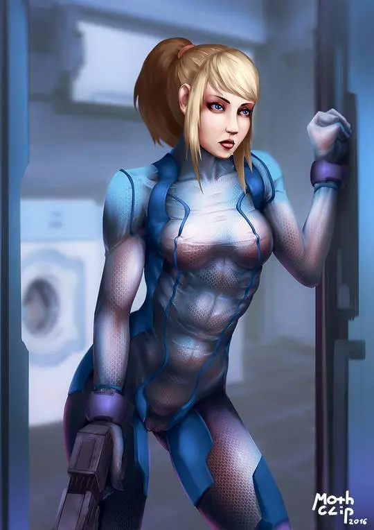 Samus Aran from Metroid in anime fan art, featuring her blonde ponytail, Zero Suit, and nude poses.