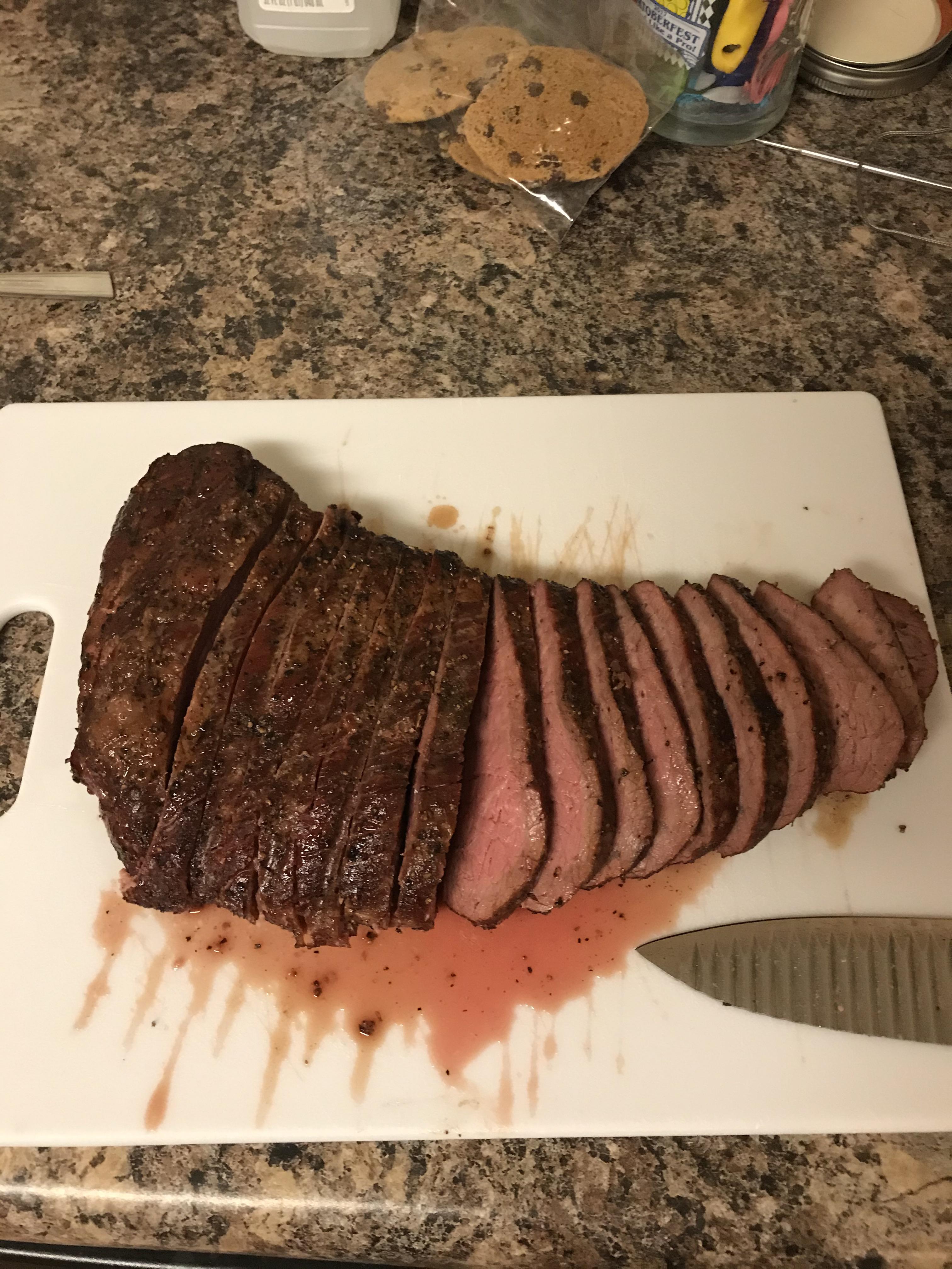 Smoked marinated tritip on the traeger. Soy sauce, honey, and garlic