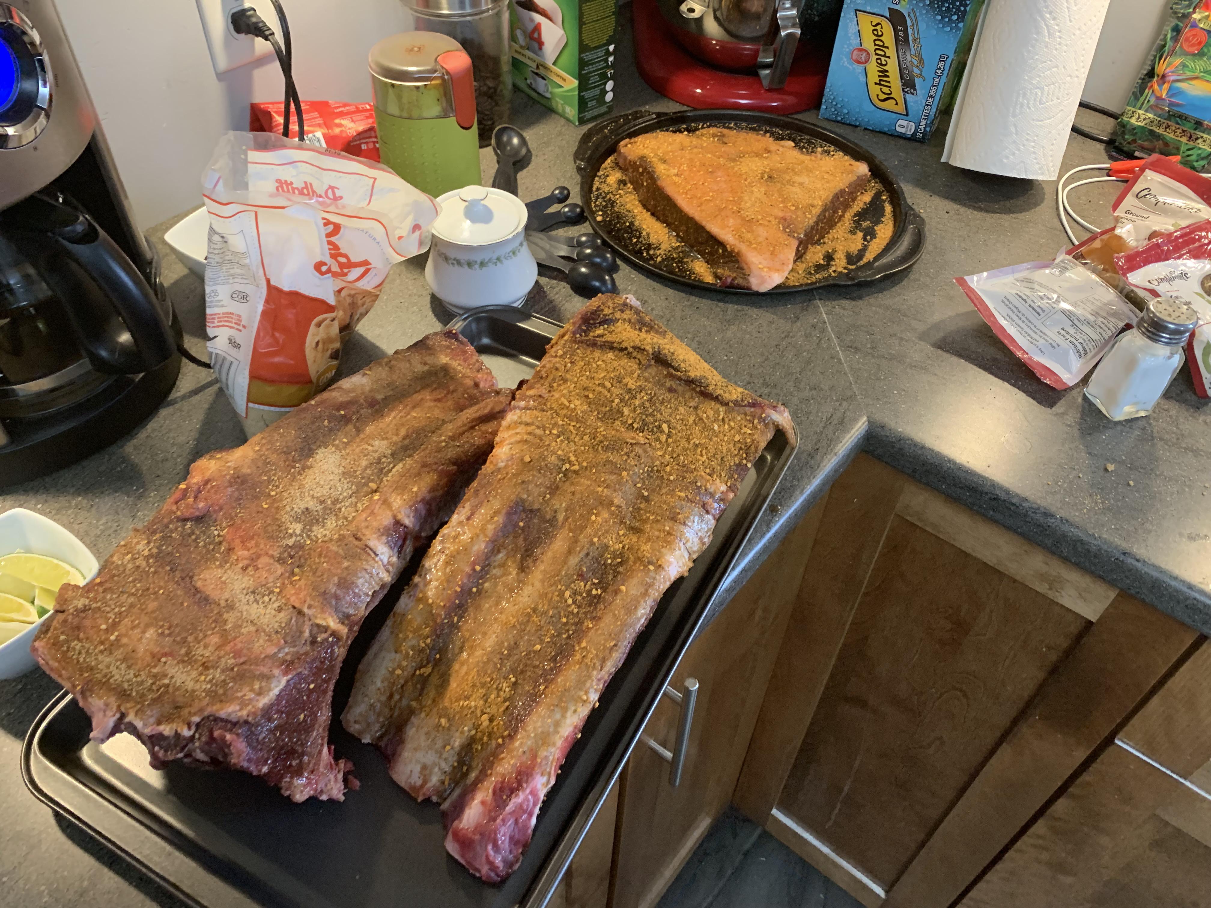 Smoking some brontosaurus ribs (aka Moose ribs) and half a brisket for ...