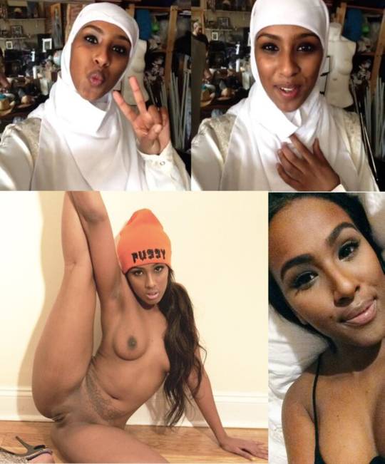 Slim Somali girl in a white hijab and orange beanie, including a nude pose showing her hip tattoo.