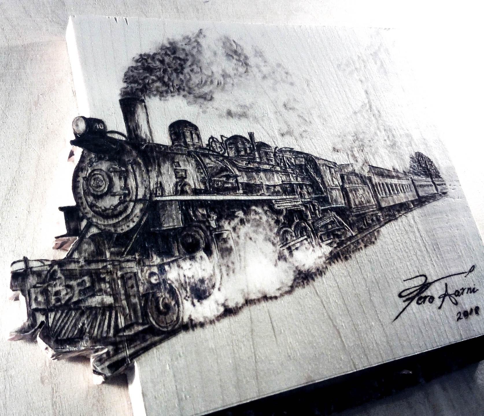 Steamtrain pyrography. Tried to make some 3D effect with dremell ...