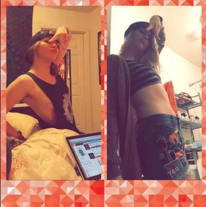 Slim blonde girl next door in a black dress, crop top, and topless mirror selfies with a heart tattoo on her breast