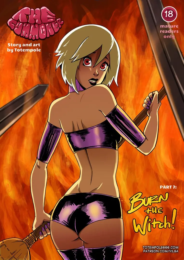 Totempole comic featuring a busty blonde witch, a muscular knight, and green demons in a fantasy setting.