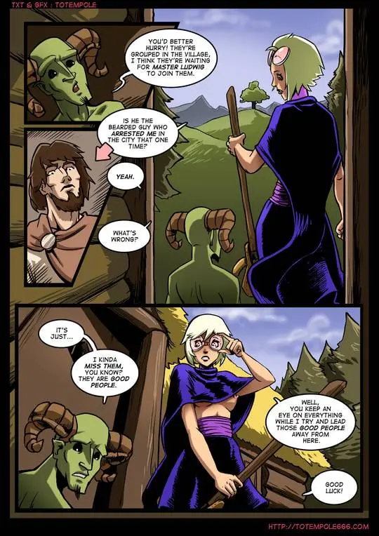 Totempole comic featuring a busty blonde witch, a muscular knight, and green demons in a fantasy setting.