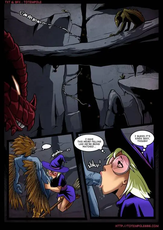 Totempole comic featuring a busty blonde witch, a muscular knight, and green demons in a fantasy setting.