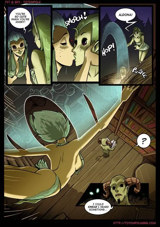 Totempole comic featuring a busty blonde witch, a muscular knight, and green demons in a fantasy setting.