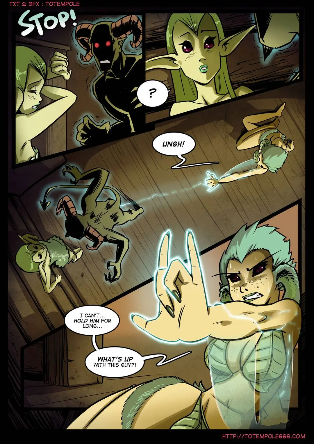 Totempole comic featuring a busty blonde witch, a muscular knight, and green demons in a fantasy setting.