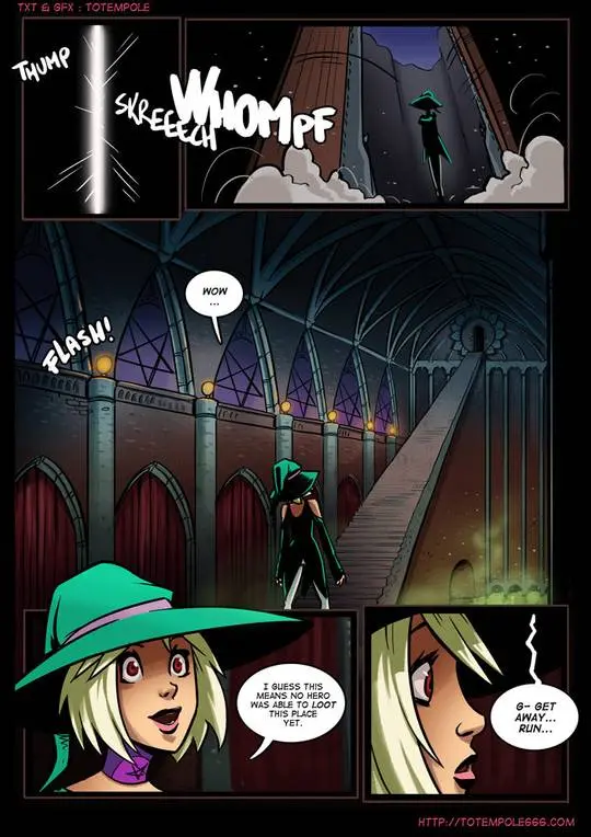 Totempole comic featuring a busty blonde witch, a muscular knight, and green demons in a fantasy setting.
