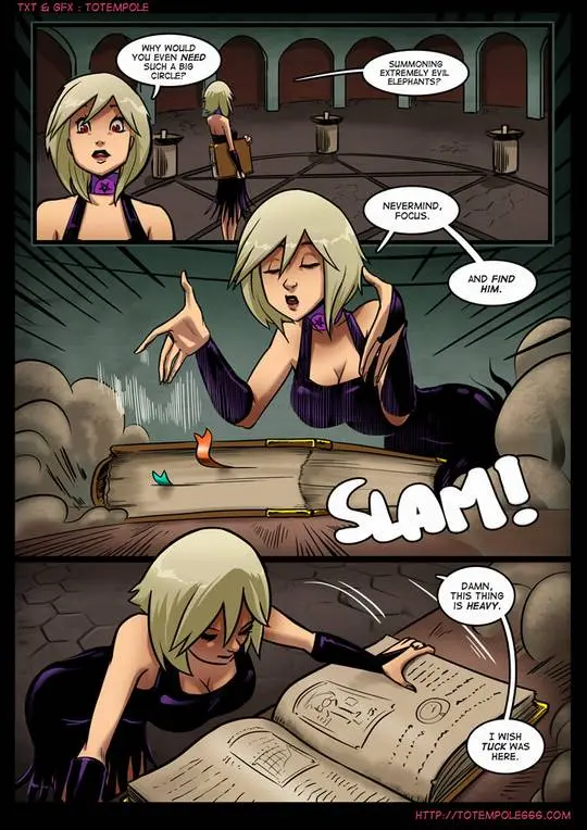 Totempole comic featuring a busty blonde witch, a muscular knight, and green demons in a fantasy setting.