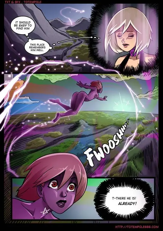 Totempole comic featuring a busty blonde witch, a muscular knight, and green demons in a fantasy setting.