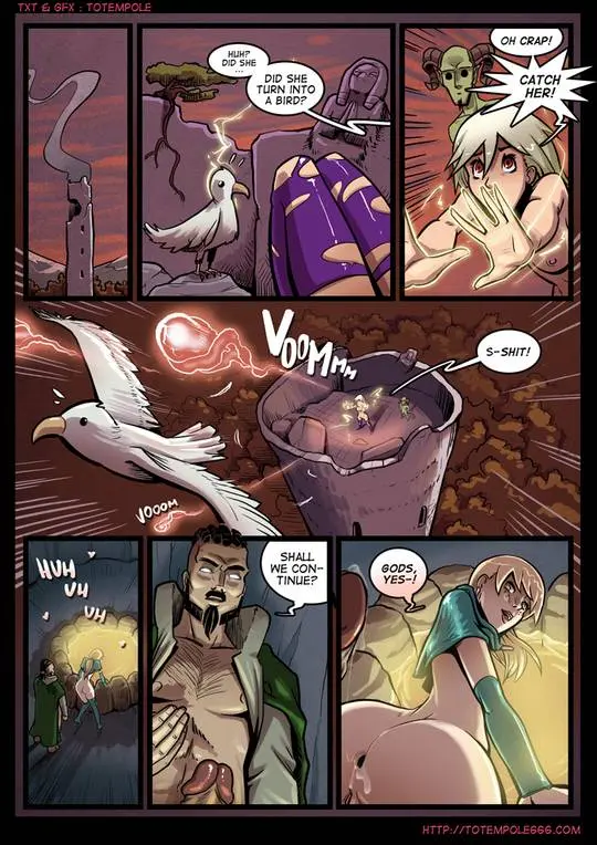 Totempole comic featuring a busty blonde witch, a muscular knight, and green demons in a fantasy setting.