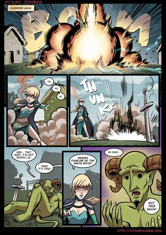Totempole comic featuring a busty blonde witch, a muscular knight, and green demons in a fantasy setting.
