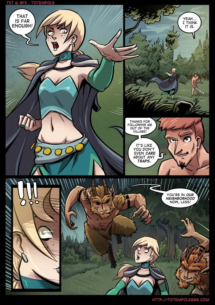 Totempole comic featuring a busty blonde witch, a muscular knight, and green demons in a fantasy setting.