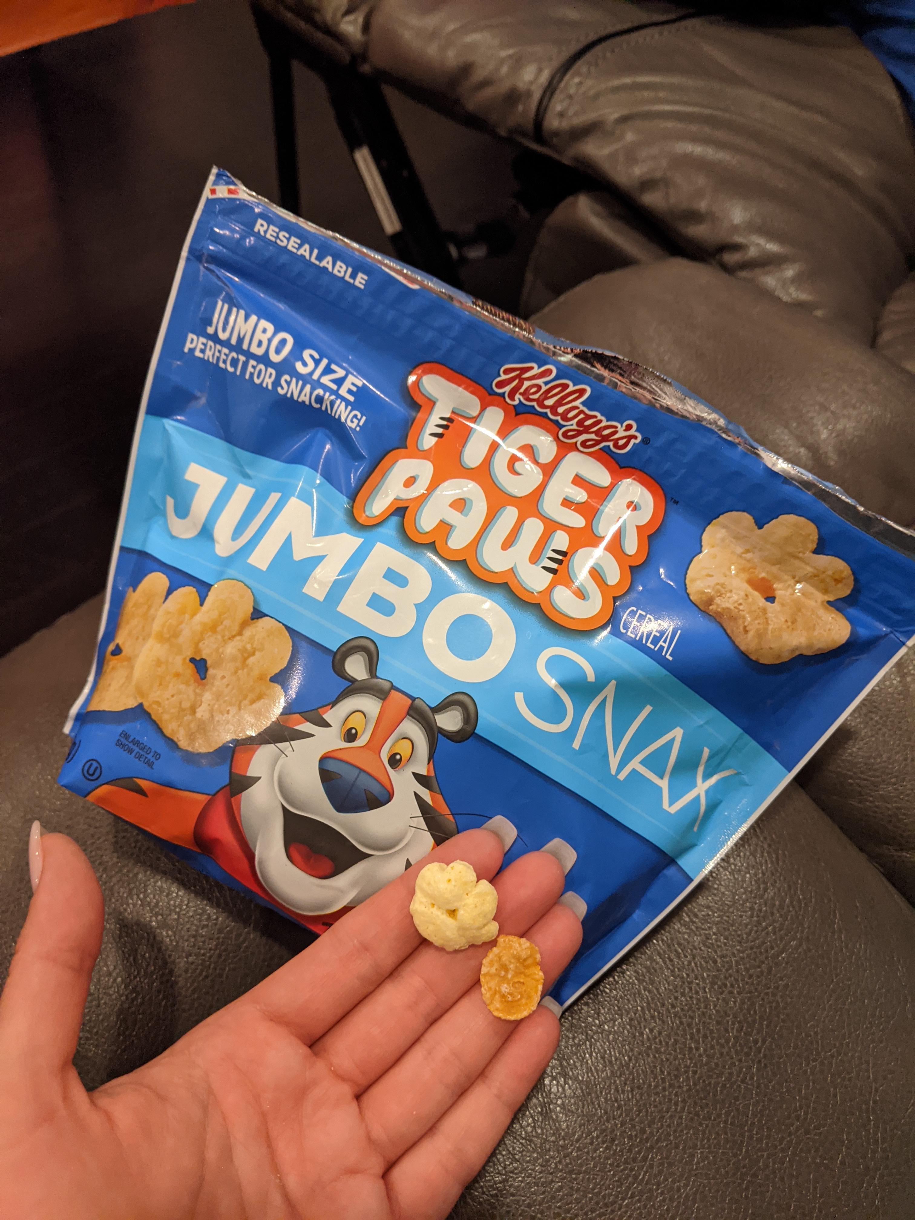 Tiger Paws "Jumbo" Snax. Frosted Flake for scale. Scrolller