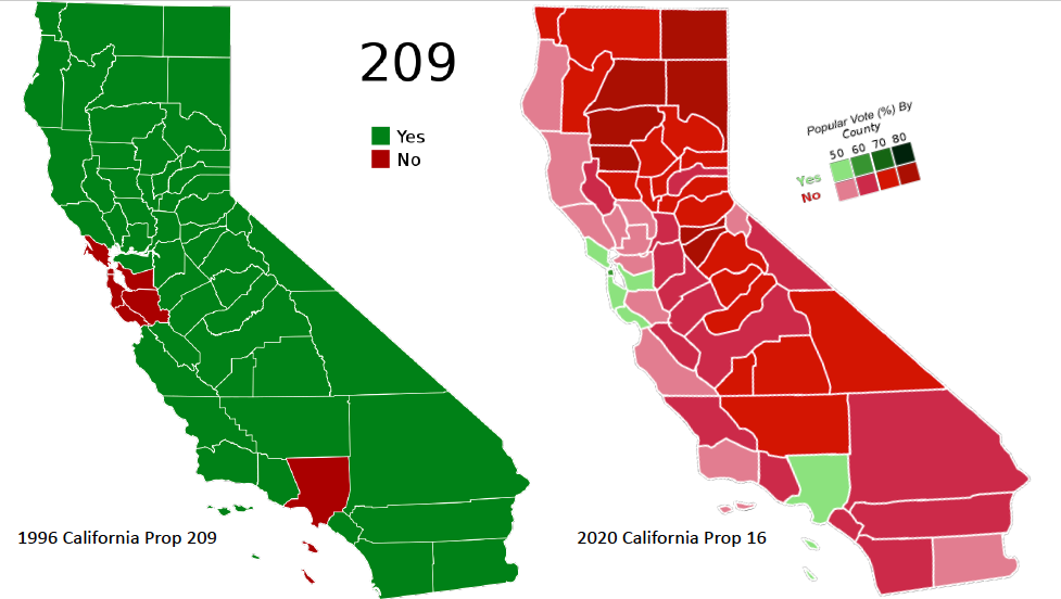 Two Maps Comparing How California Counties Voted on 1996 Prop 209 (Ban