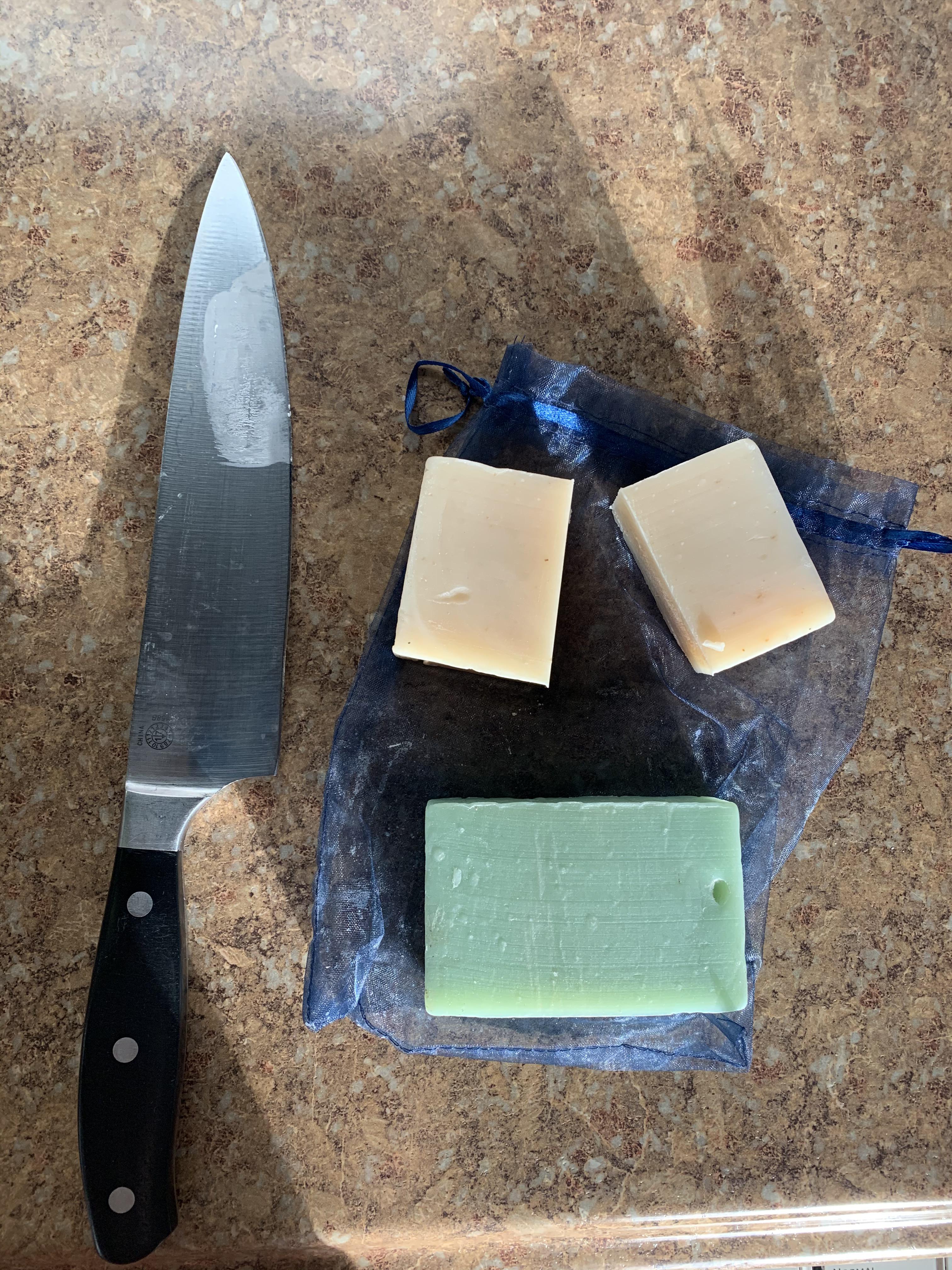 We use bar soap to eliminate plastic waste and by cutting the bars in