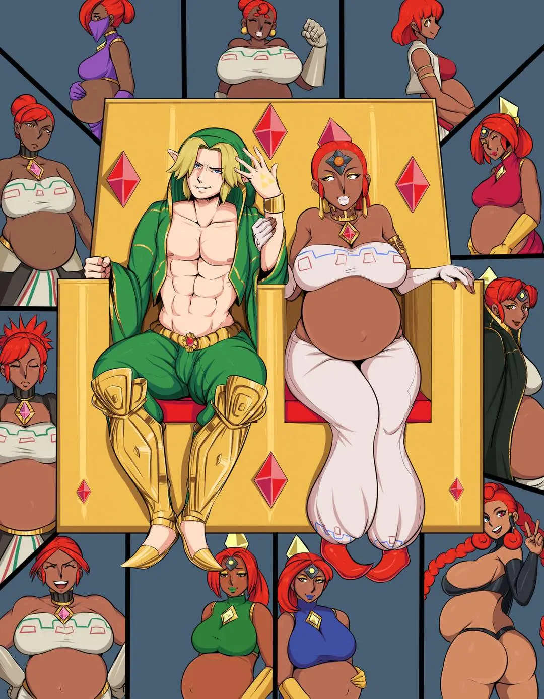 Link and a busty redhead Gerudo Queen in an interracial bwc impregnation doujinshi.