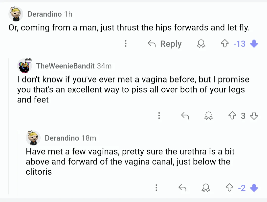 "Just thrust your hips forward," a primer on how to pee while standing.