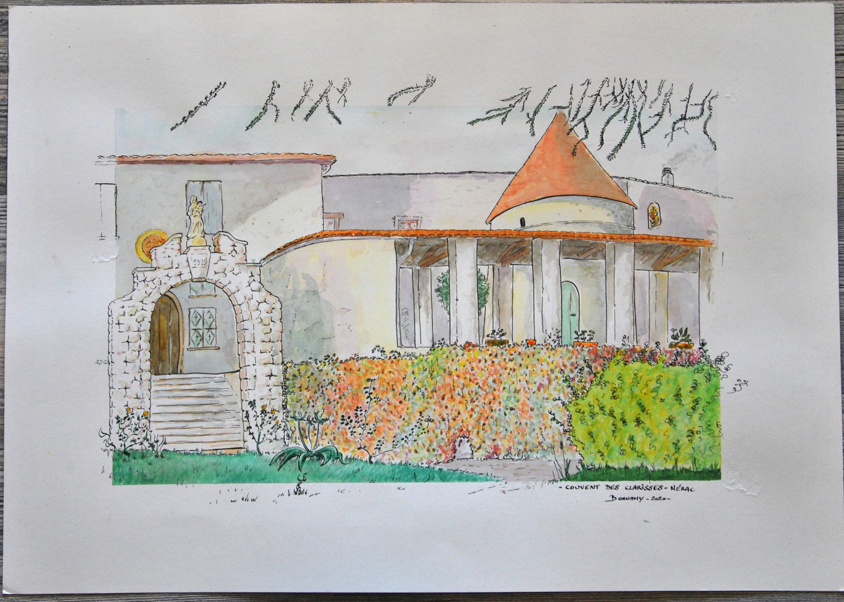 Drawing of a convent, from the south west of France - Watercolor and ...