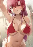 Marine from Hololive with long pink hair wearing a red bikini in the shower